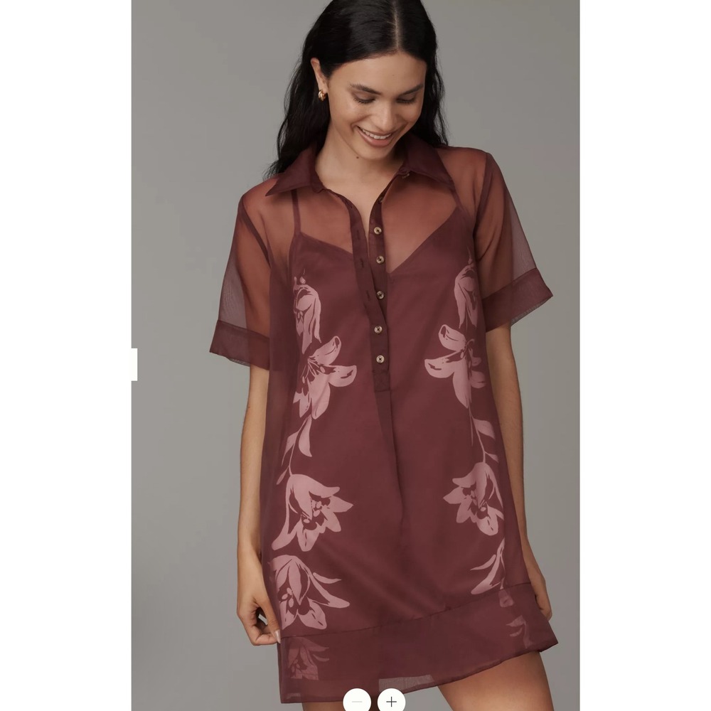 Anthropologie Sheer Organza Short Sleeve Shirt Dress Burgundy Wine Small NWT